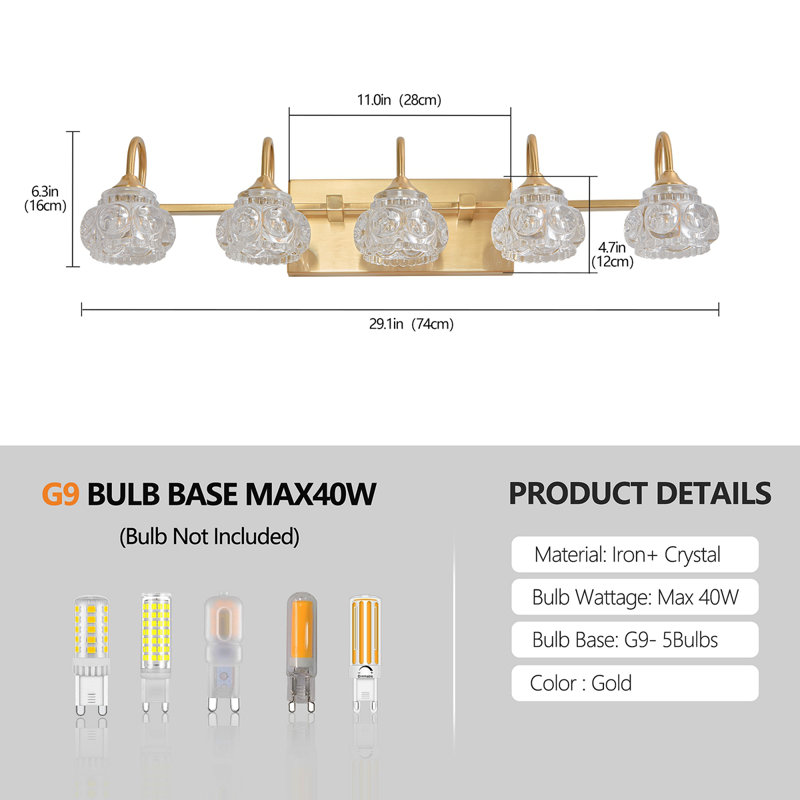 29" Modern Crystal Bathroom Vanity Light, 5-Light Golden Wall Sconce With Clear Glass Shade, Elegant Wall Mount Lighting For Bathroom, Powder Room, Or Vanity Mirror (No Bulbs)