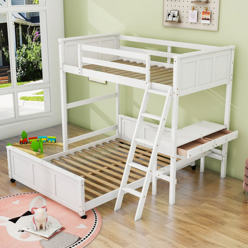 Janush Wood Bunk Bed with Desk and Drawers, White, Twin over Full