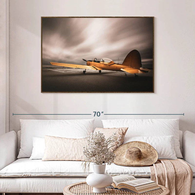 Avion jaune rétro, 46 po x 31 po, Cadre flottant noyer