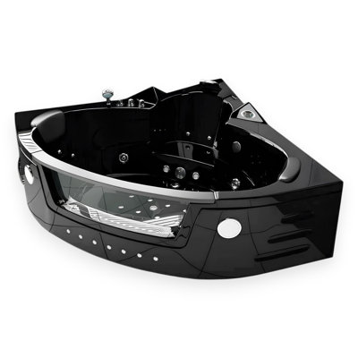 MAJESTIC 59" x 59" 2-Person Black Corner Whirlpool Bathtub with Dual Pump, Heater & Glass Front Panel
