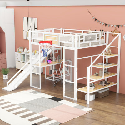 Full Loft Bed With Built-In Desk, Basketball Hoop, Slide And Stairs by Isabelle & Max