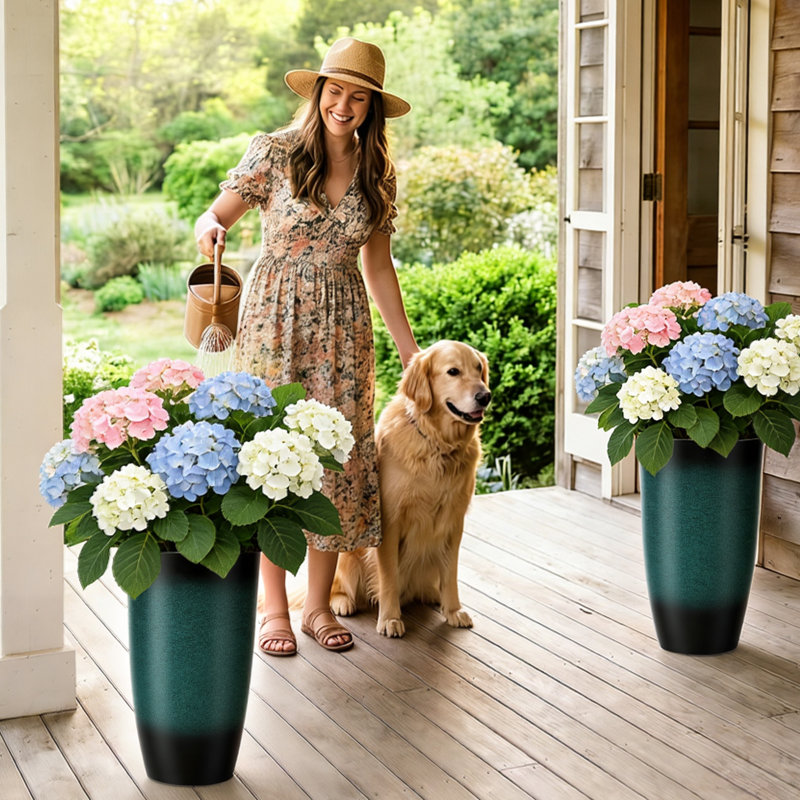 23.5" Faux-Ceramic Tall Planters, Weather-Resistant for Outdoor/Indoor Use, Gradient Turquoise