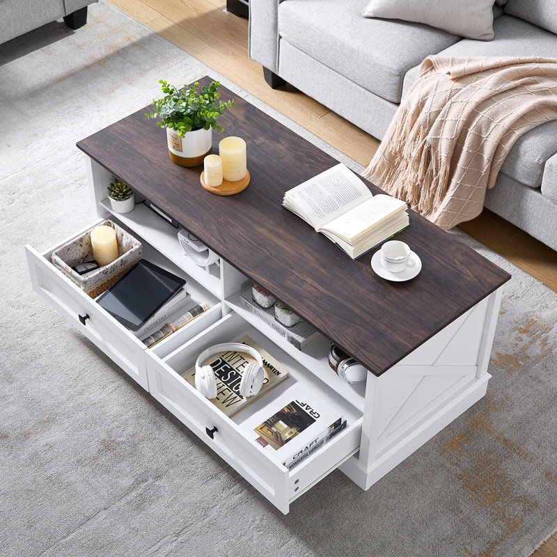 White and Dark Brown Rectangular Wood Coffee Table with Storage