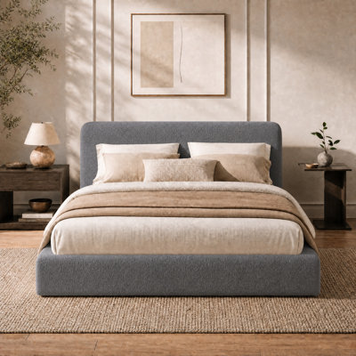 Cloud‑Style Upholstered Platform Bed Frame with Boucle Headboard, 5‑Inch Plush Foam Padding, Curved Design, Heavy‑Duty Metal Slats, Hidden Hook‑and‑Loop, No Box Spring Needed, Easy Assembly