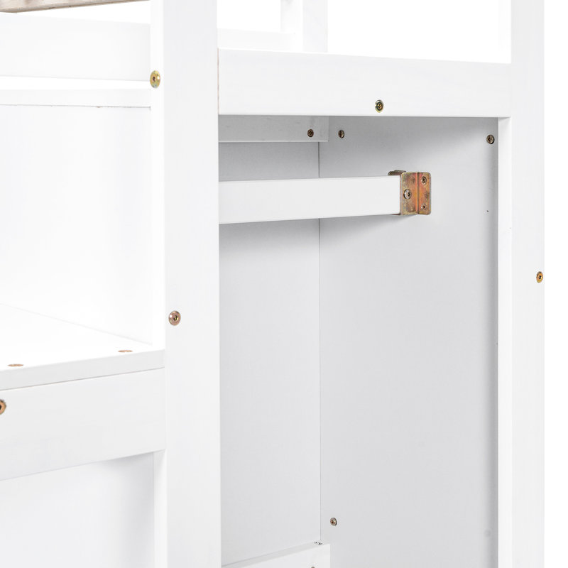 Lit mezzanine double blanc avec rangement intégré et escalier - Structure en bois de pin robuste pour escalier de chambre à coucher