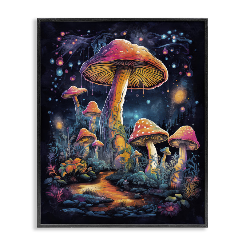 Art psychédélique sur champignon, art giclée par Nina Blue, H 14 po x l 11 po, Giclée encadrée noir minuit