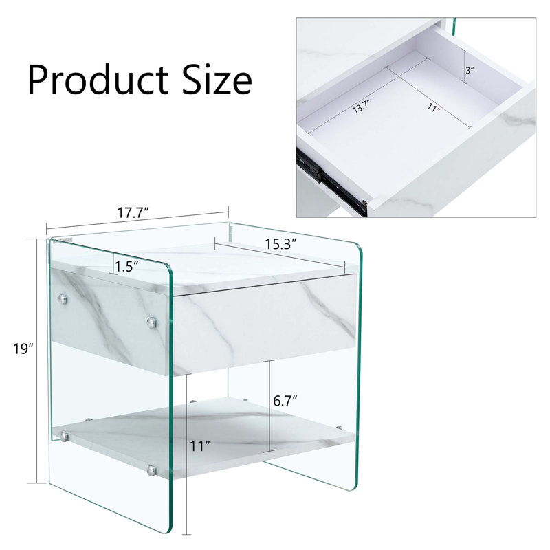 Simple and Elegant Bedside Table with Drawers, Featuring MDF Sticker Board and Transparent Tempered Glass, Ideal for Storage and Various Scenarios.