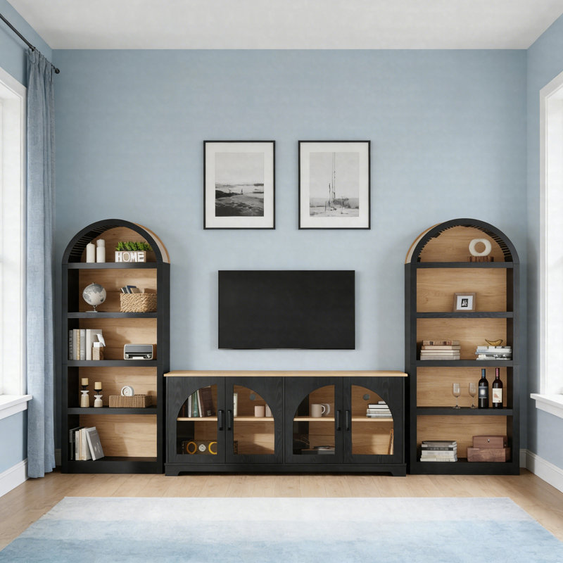 Meuble audio-vidéo deux tons à grain de bois avec design arqué et portes en verre trempé, Noir
