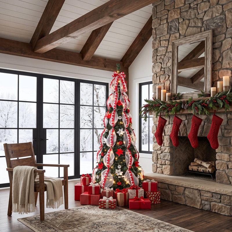 Sapin de Noël artificiel pliable pré-illuminé de 1,80 m avec 200 lumières DEL blanc chaud et décorations rouges et argentées