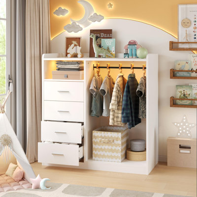 Organisateur de garde-robe blanc à 4 tiroirs avec lumières DEL et station de charge - grand placard suspendu avec tablettes ouvertes, armoire de rangement moderne pour chambre à coucher