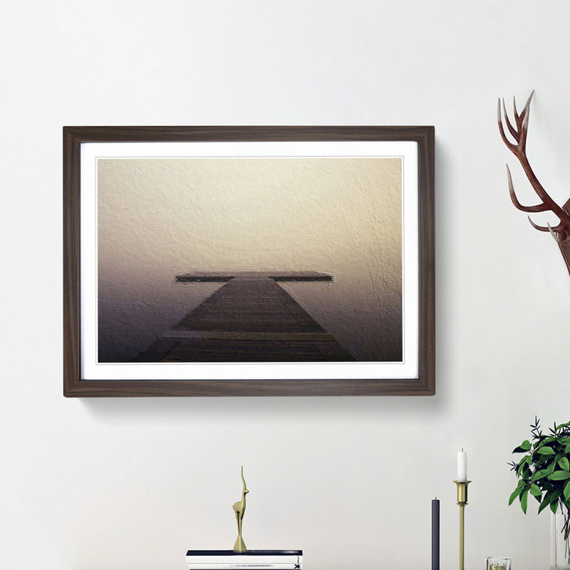 Wooden Jetty on a Peaceful Lake - Picture Frame Painting Print, Walnut Framed, 48cm H x 65cm W x 2cm D