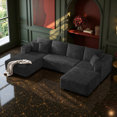 133" Sectional Boneless Couch for Living Room,Modern Modular Cloud Couch with Deep Seat,Upholstered Sleeper Sofa with 1 Ottoman,Convertible Folding Couches,No Assembly (Grey)