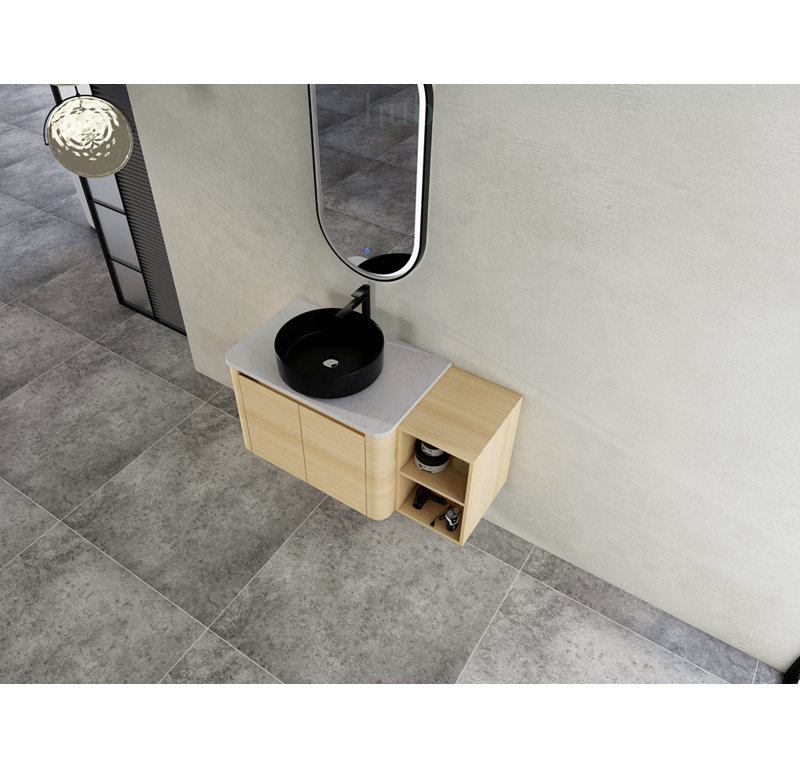 Meuble-lavabo mural de 42 po avec lavabo d'art en céramique, 1 tablette de rangement et 2 portes à fermeture douce, écologique et élégant