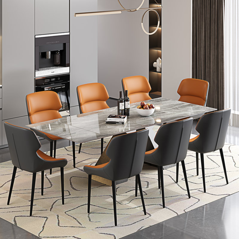 Ensemble de table de salle à manger 9 pièces avec table de salle à manger extensible en pierre frittée de 63 à 94,5 po et 8 chaises à oreilles en similicuir