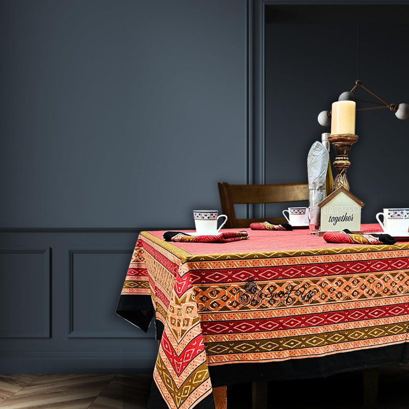 Cotton Geometric Print Hand Block Printed Tablecloth Collection, 60" Square