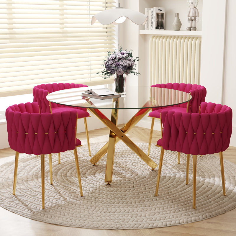 Ayron Round Restaurant Dining Set, Clear Dining Table with Cross Legs with Velvet Dininig Chair for Small Space and Dining Room
