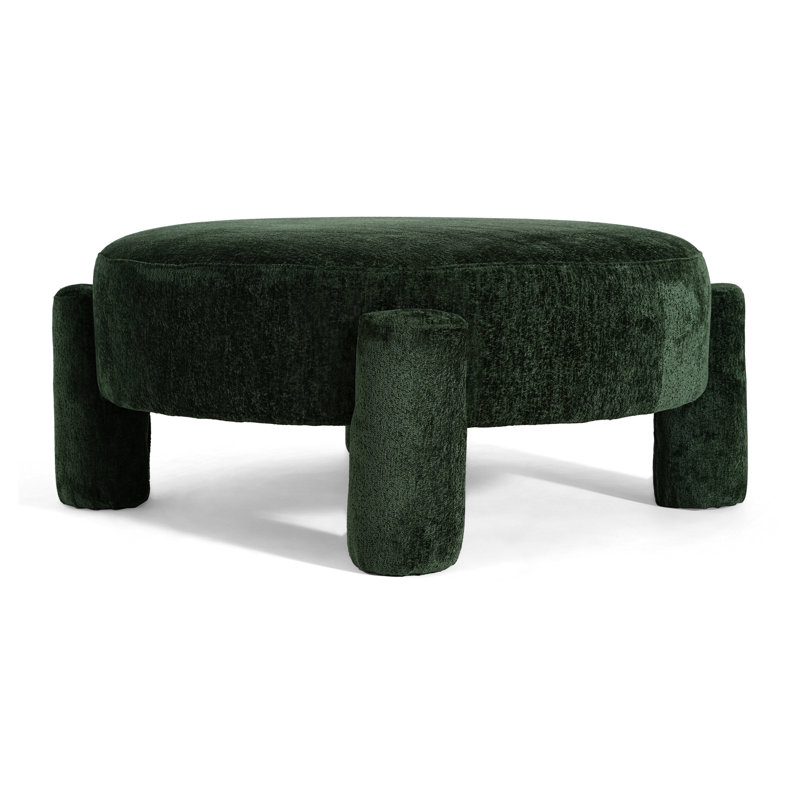 Lina Contemporary Fully Upholstered Round Ottoman With Sculptural Tube Legs, Green Velvet