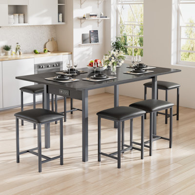 7 Pieces Dining Table Set For 4-6, Extendable Kitchen Table Set With 6 Dining Stools, Kitchen Table Set For Small Space