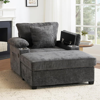 Multifunctional Sofa Chair With Ottoman, Built-In USB-C Charging & Cup Holders, Convertible To Lounger, Chenille Upholstered Single Couch For Living Room & Bedroom