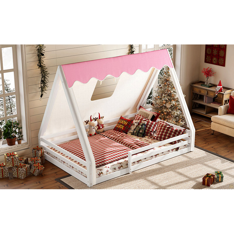 Lit double pleine grandeur avec tente et lit de tipi en bois massif avec garde-corps pleine longueur, Lit double