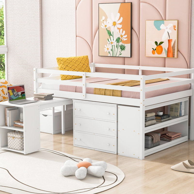 Full Size Loft Bed With Desk And Storage, Built Solid Wood, White Look Wood Retractable Writing & Classic, White