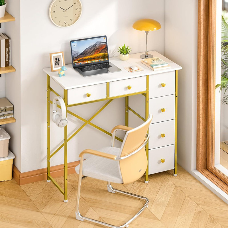 Petit bureau d'ordinateur avec 6 tiroirs, table de travail de 32 pouces pour le bureau personnel, bureau d'écriture avec rangement, bureau d'étude compact pour les petits espaces, bureau d'étude pour enfants pour la chambre à coucher, blanc et doré
