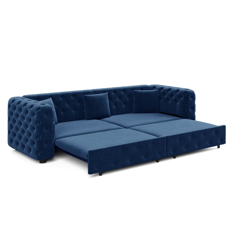 Très grand canapé-lit multifonctionnel de 89 po, canapé-lit coulissant 3 en 1, canapé classique en velours 4 places avec design capitonné, comprend 3 coussins décoratifs, convenant aux appartements et aux salons, bleu