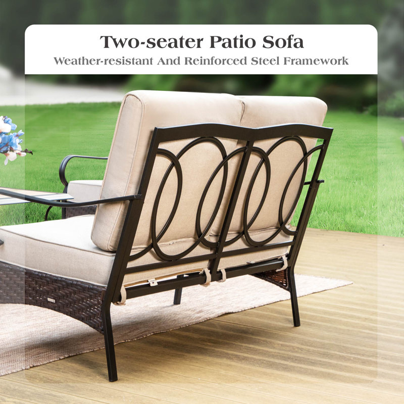 53'' Wide Metal Outdoor Loveseat with Cushions & Wicker Decor, Beige