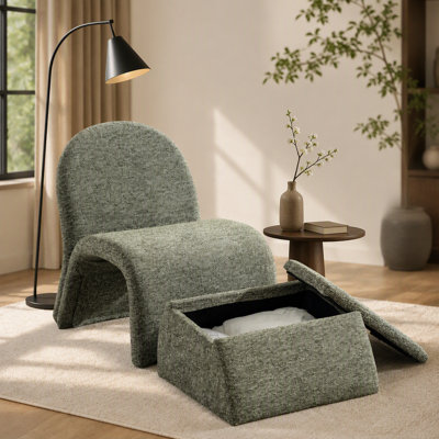 Fauteuil rembourré de 24,8 po de largeur et moderne avec repose-pieds avec rangement et repose-pieds en chenille pour salon, chambre à coucher, bureau et salle de lecture, gris-blanc