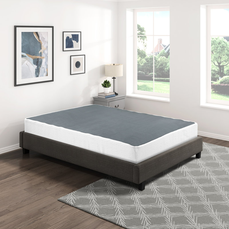 Textured Fabric Covered Queen Mattress Support System - Black Metal 12 Slat 700Lbs Capacity Easy Setup 8.5" Height Foundation With Covering Weight Assembly 8.5
