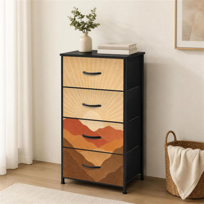 Commode à 4 tiroirs pour chambre à coucher Esthétique contemporaine abstraite paysage coucher de soleil tons de terre Petite commode à vêtements haute pour organisateurs de placard avec commode