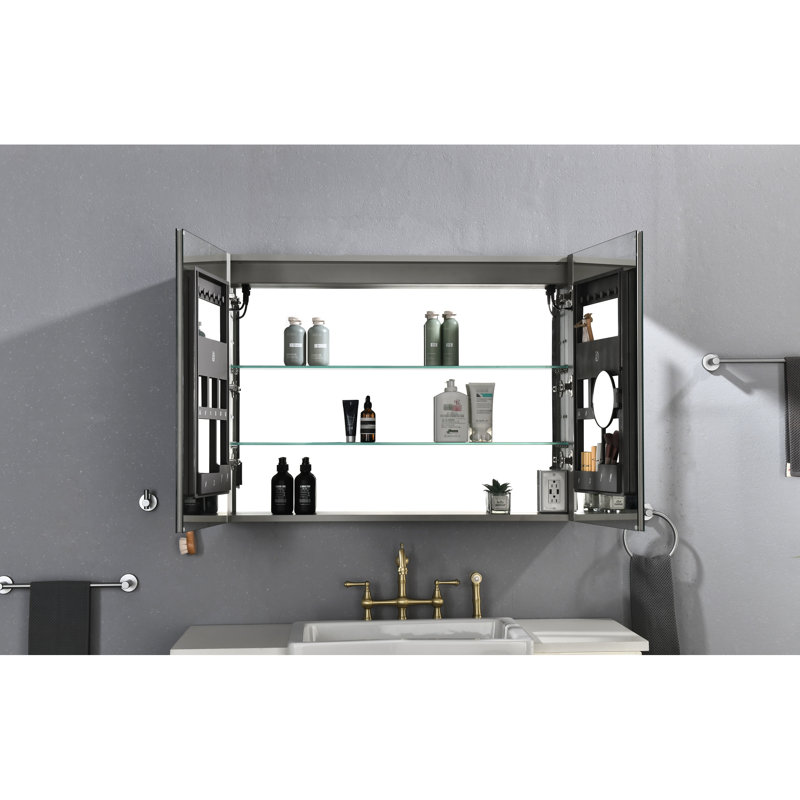 Armoire à pharmacie 40 po x 30 po à DEL pour la salle de bain, miroir, brouillard, éclairage à intensité variable, 3 options de couleur, tablette ajustable avec loupe intégrée, armoire lumineuse pour la salle de bain, à intensité variable, aluminium