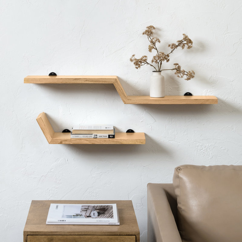 Tablettes flottantes murales en bois de manguier massif Marv, Natural