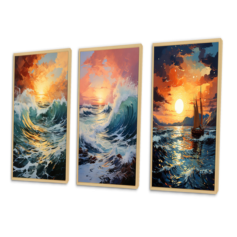 «Orange Teal Coastal Storm», 3 pièces, Encadré naturel, H 28 po x l 36 po