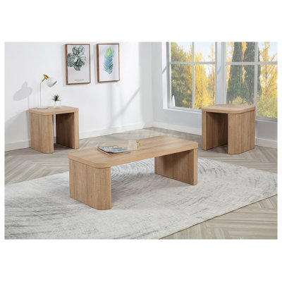 Contemporary 3-Piece Natural Wood Coffee Table Set with Hidden Casters - Nesting End Tables for Living Room