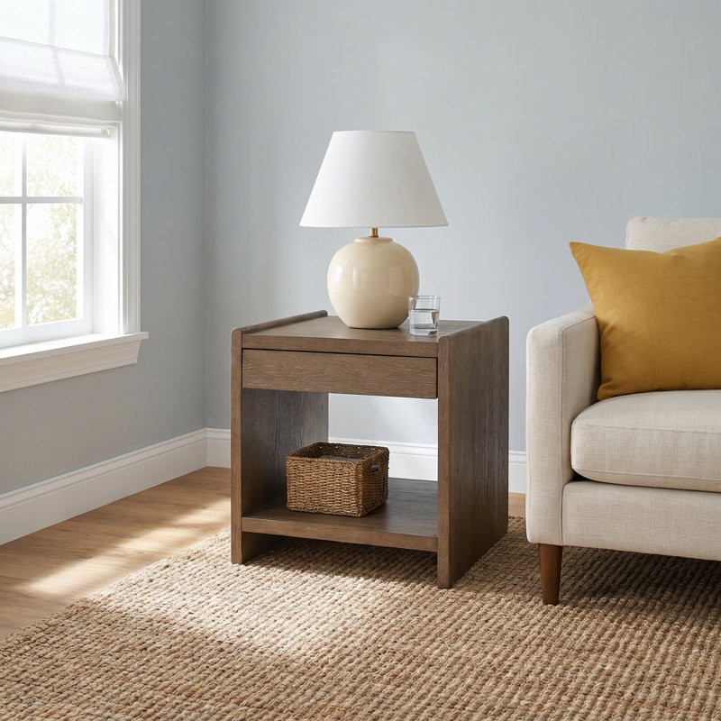 Marielle End Table with Drawer & Shelf – Cocoa Finish, American Red Oak Accent Side Table