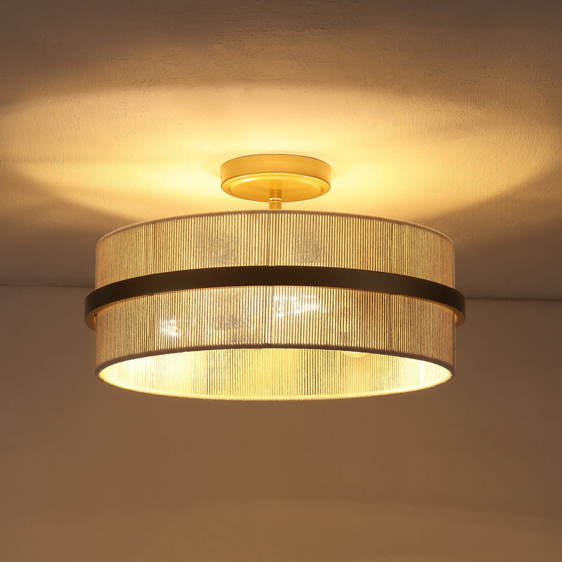 Plafonnier semi-encastré 15,7 po à 3 lumières en corde, Doré, Beige