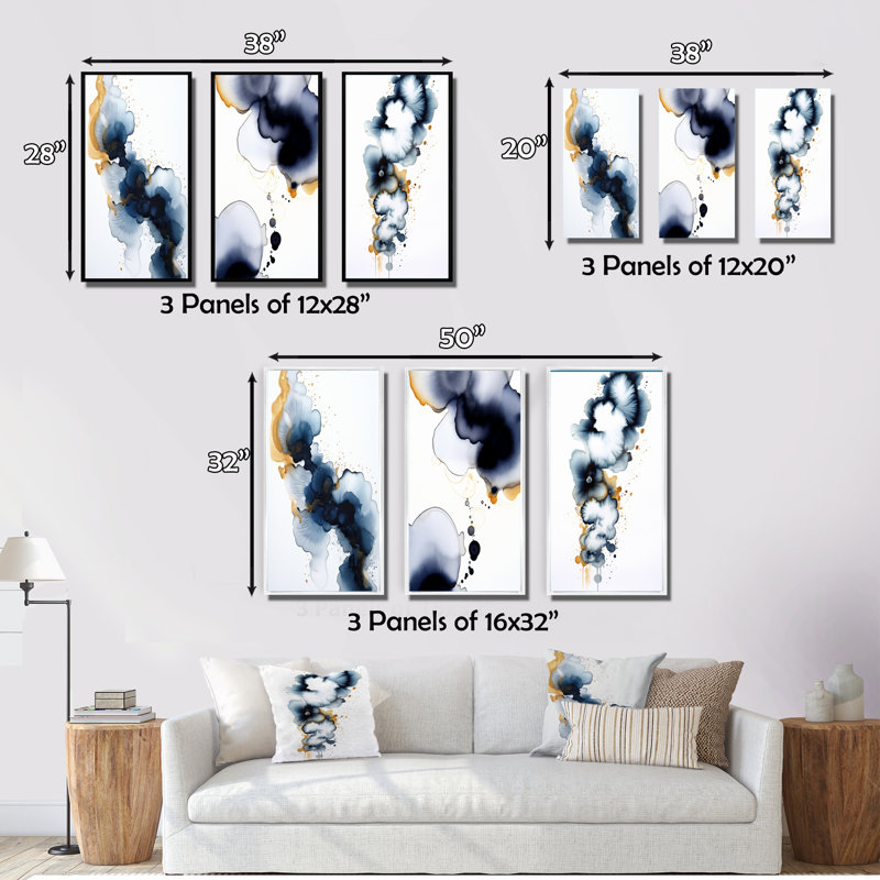 Momentary Spirit Abstract Deep Blue Ink I - Abstract Painting Art Set Of 3 Pieces, H 28 po x l 36 po, Encadré naturel