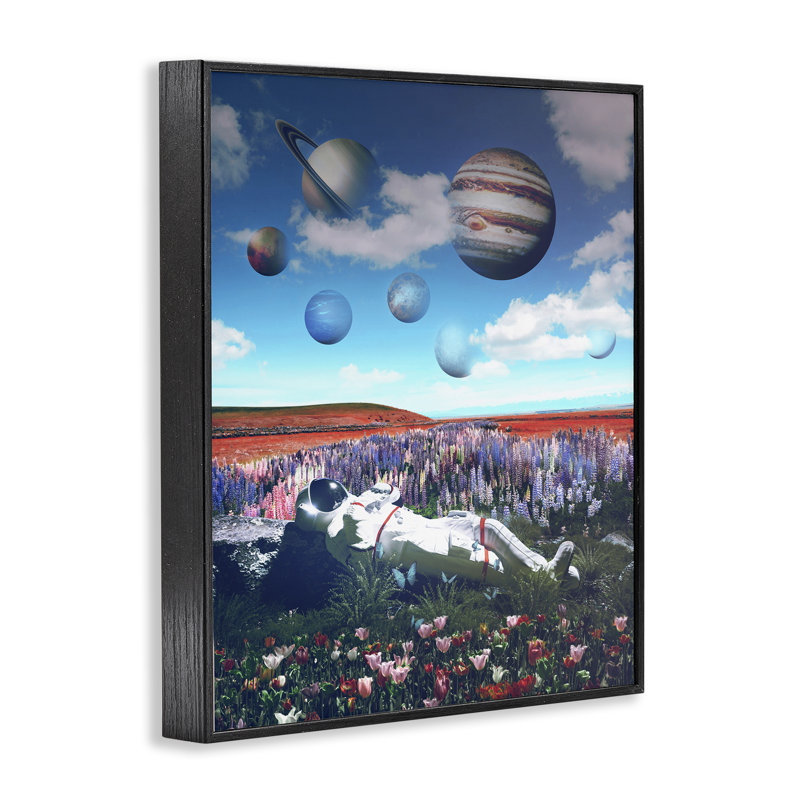 Astronaute et planètes suspendues, estampe numérique de Reinders, Giclée encadrée noir minuit, H 20 po x l 16 po