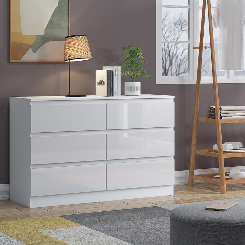 Carlton 6 Drawer Chest Of Drawers. 110cm Wide. 3+3 Configuration. High Gloss Front. Scratch Resistant. Modern No Handle Design.