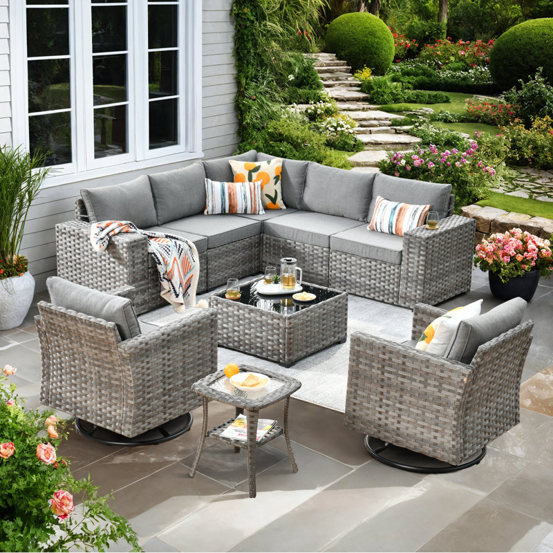 Baili 7 - Person Outdoor Wicker/Rattan Sectional Seating Group with Swivel Chairs, Modern Modular Conversation Set with Cushions
