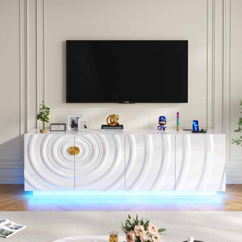 63" W Tv Stand With Motion-activated Light And Built-in Charging Station, White