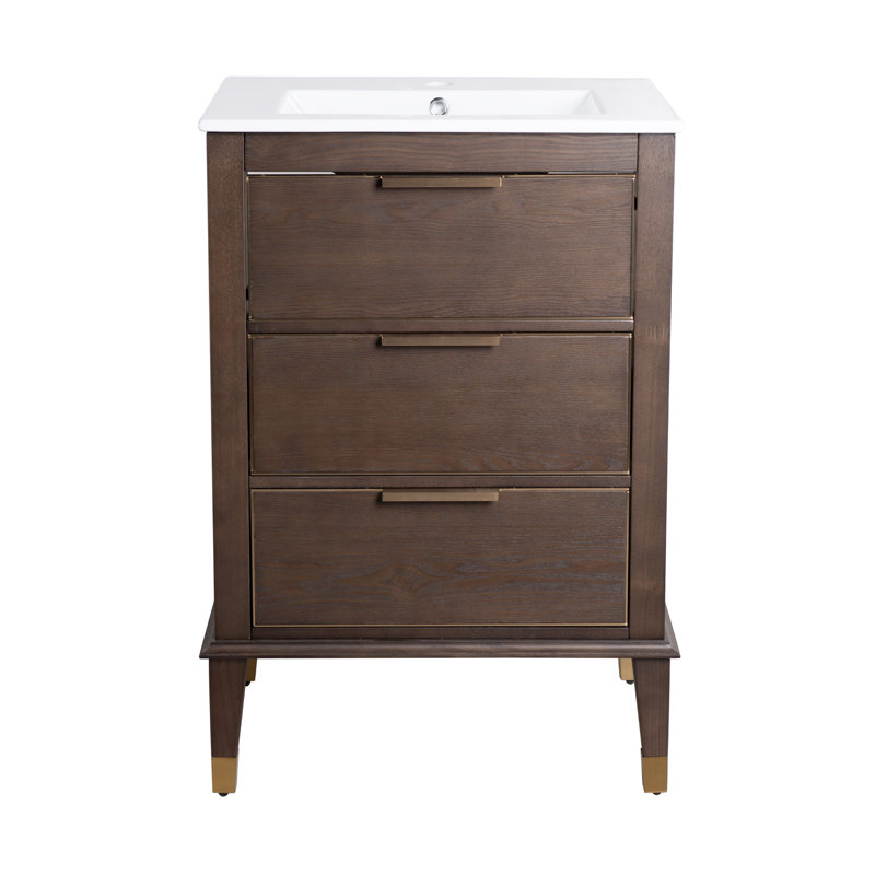 Hugo 24" Walnut Freestanding Bathroom Vanity with Brass Accents