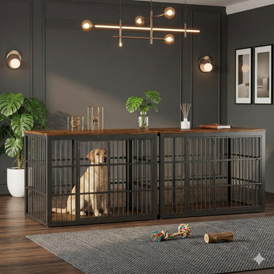 Large Wooden Dog Crate Furniture with Foldable Door, 54-Inch Size, Decorative Design Functions as End Table for Large Dogs, Rustic Brown Finish