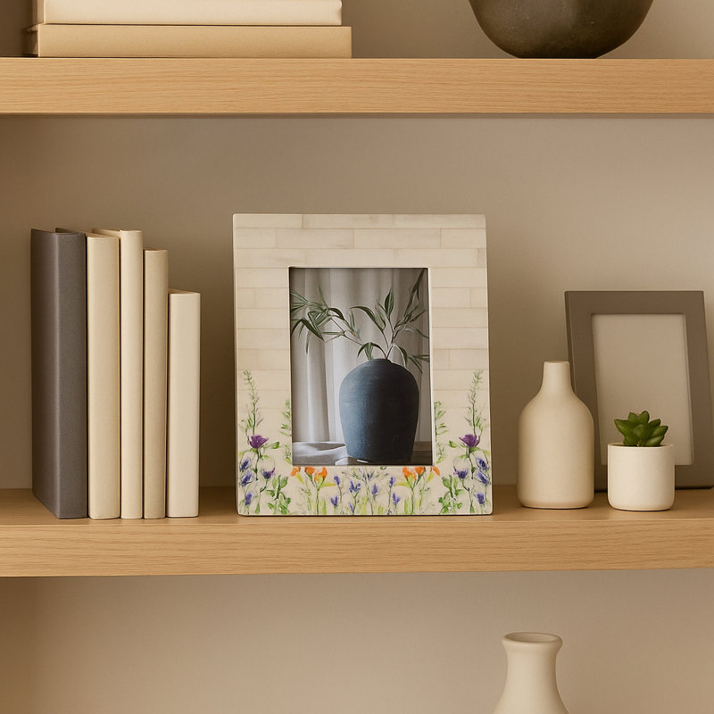 Decorative Picture Frame with Floral Bottom Border Accent - Rectangular Photo Frame for Office or Side Table Decor - Ivory & Green