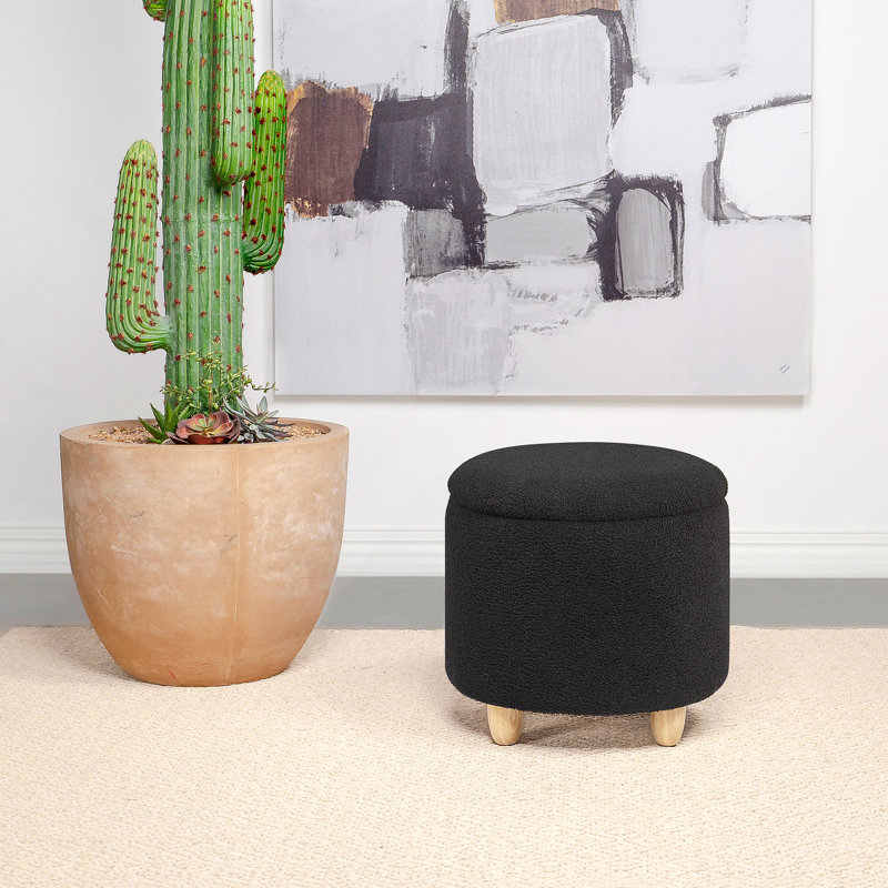 Sheepskin Upholstered Round Storage Ottoman, Black