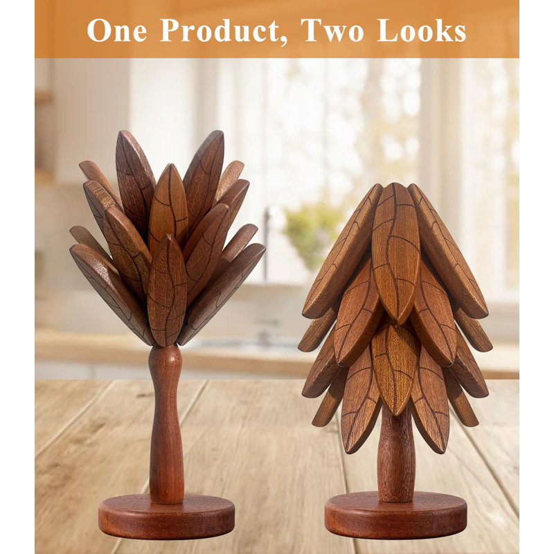 Tree Coasters, Wooden Trivets For Hot Dishes/Pot/Bowl/Teapot/Pans, Tree Shape Trivet Set - 4 Wooden Trivets + 1 Stand Stored, Gifts (Leaf Pattern - 4Pcs)