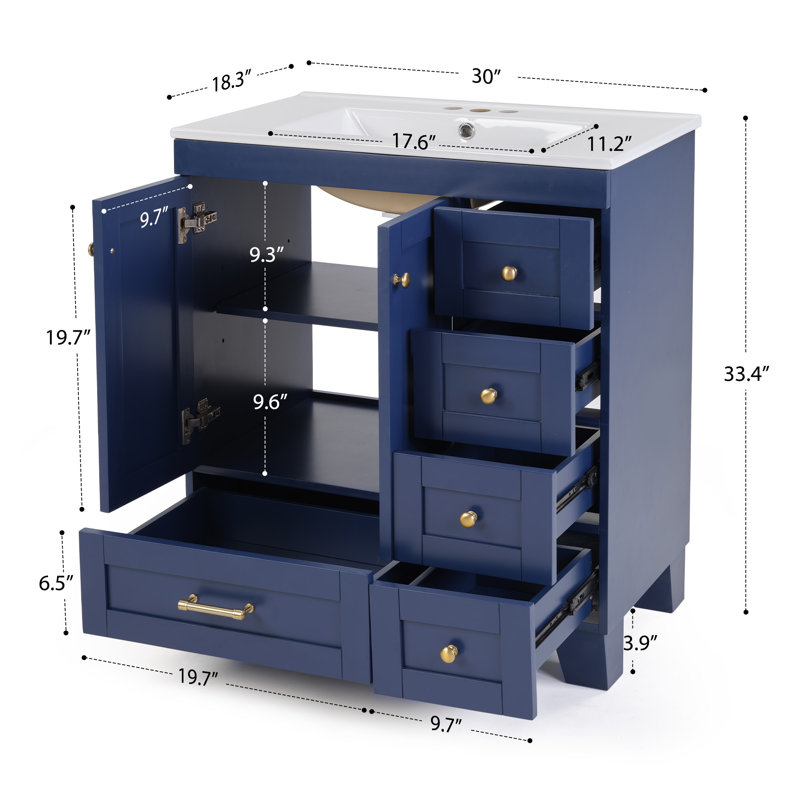 Meuble-lavabo bleu 30 po avec lavabo en céramique - Tiroirs à fermeture en douceur, structure en bois massif, rangement multi-organisateur