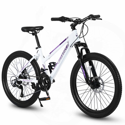 24 inch Mountain Bike for Teenagers Girls Women, Shimano 21 Speeds with Dual Disc Brakes and 100mm Front Suspension, White/Pink