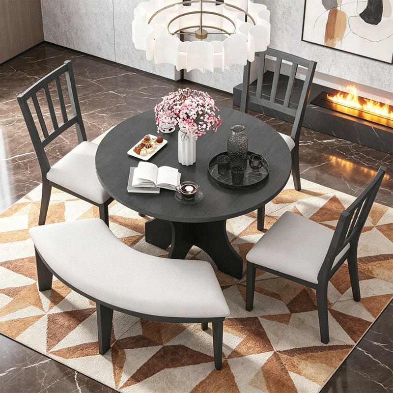 Ensemble de salle à manger 5 pièces avec 3 chaises rembourrées et banc incurvé Rustic Charm, Grey